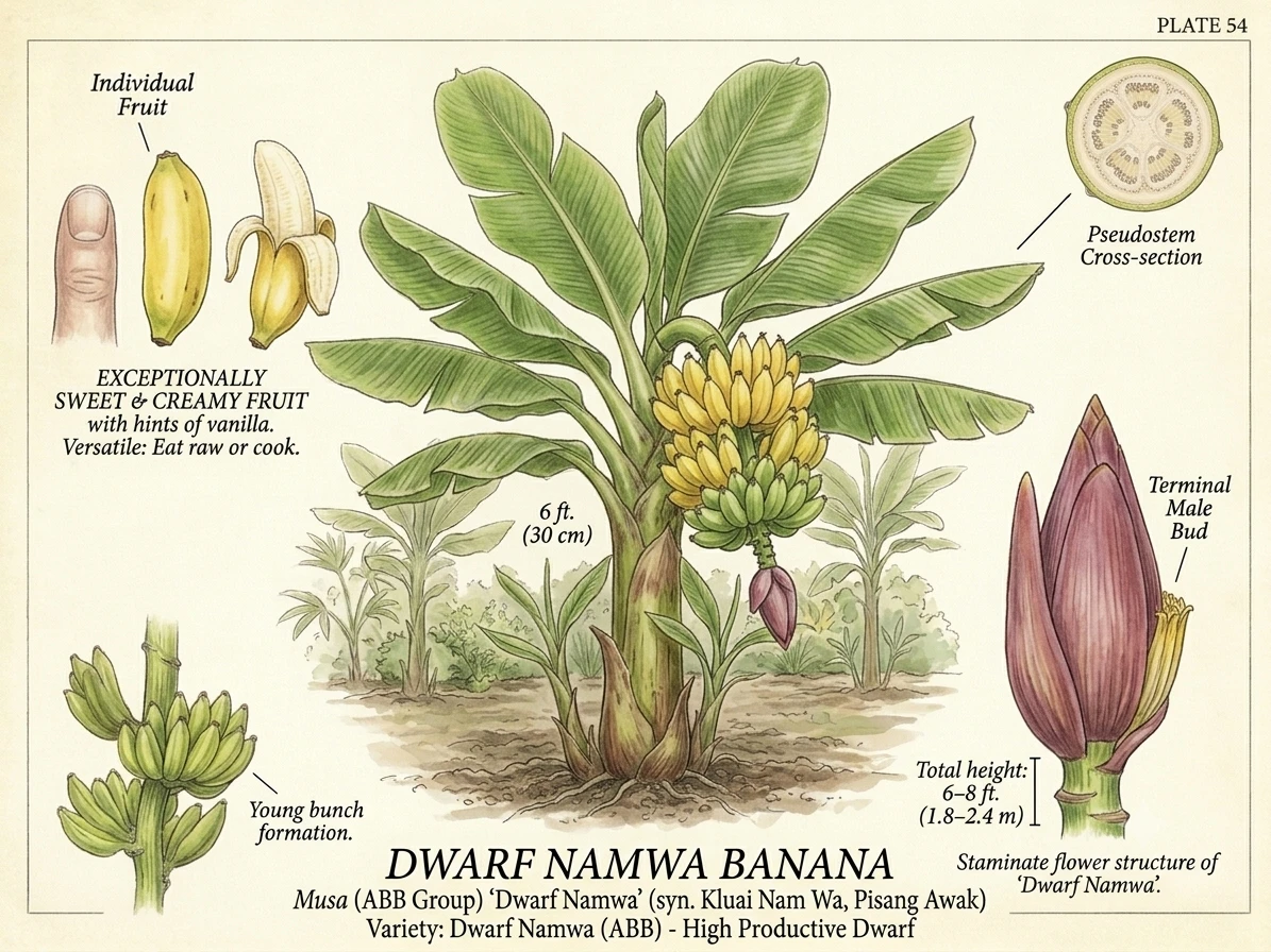 Dwarf Namwa Banana illustrated botanical plate showing the full plant, individual fruit, young bunch formation, pseudostem cross-section, and staminate flower