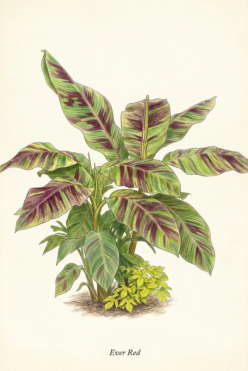 Musa sikkimensis 'Ever Red' illustrated botanical plate showing the full plant with striking maroon-red striped foliage