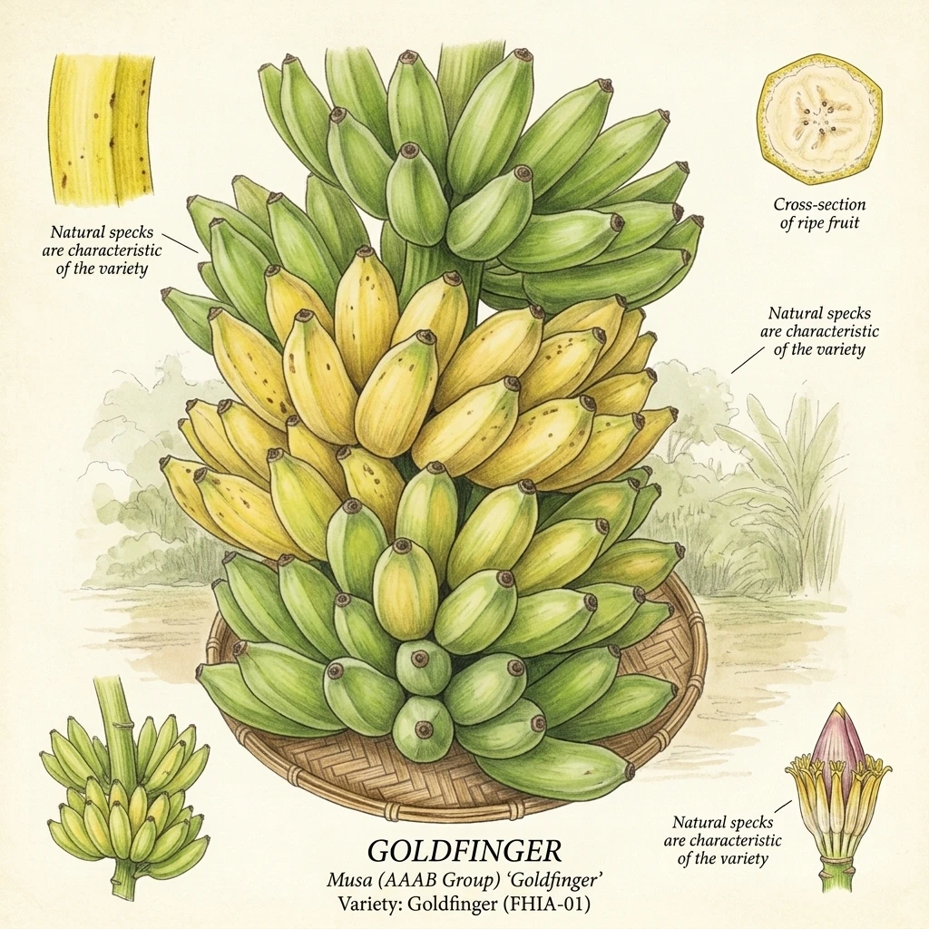 Goldfinger Banana illustrated botanical plate showing the full bunch on a woven basket, natural skin specks, fruit cross-section, young bunch formation, and flower structure