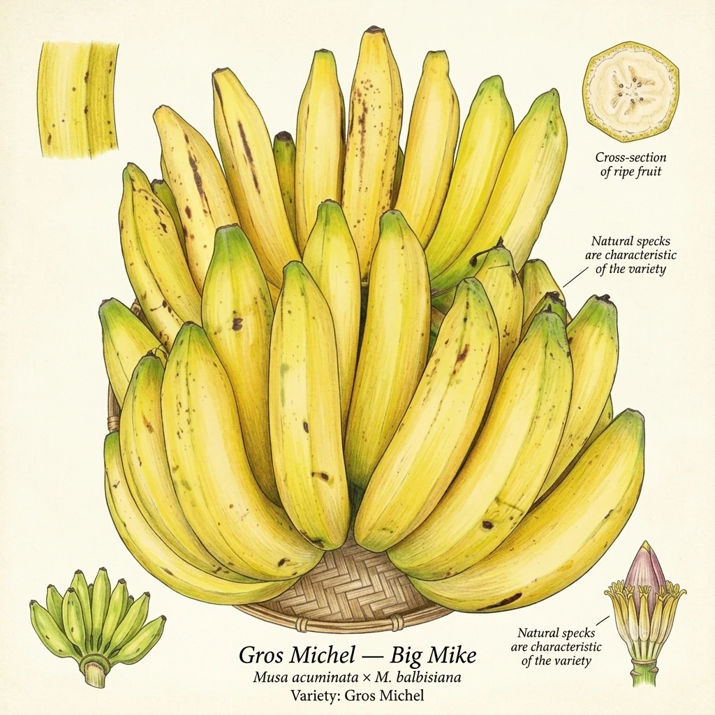 Gros Michel 'Big Mike' Banana illustrated botanical plate showing the full bunch on a woven basket, fruit cross-section, young bunch formation, and flower structure