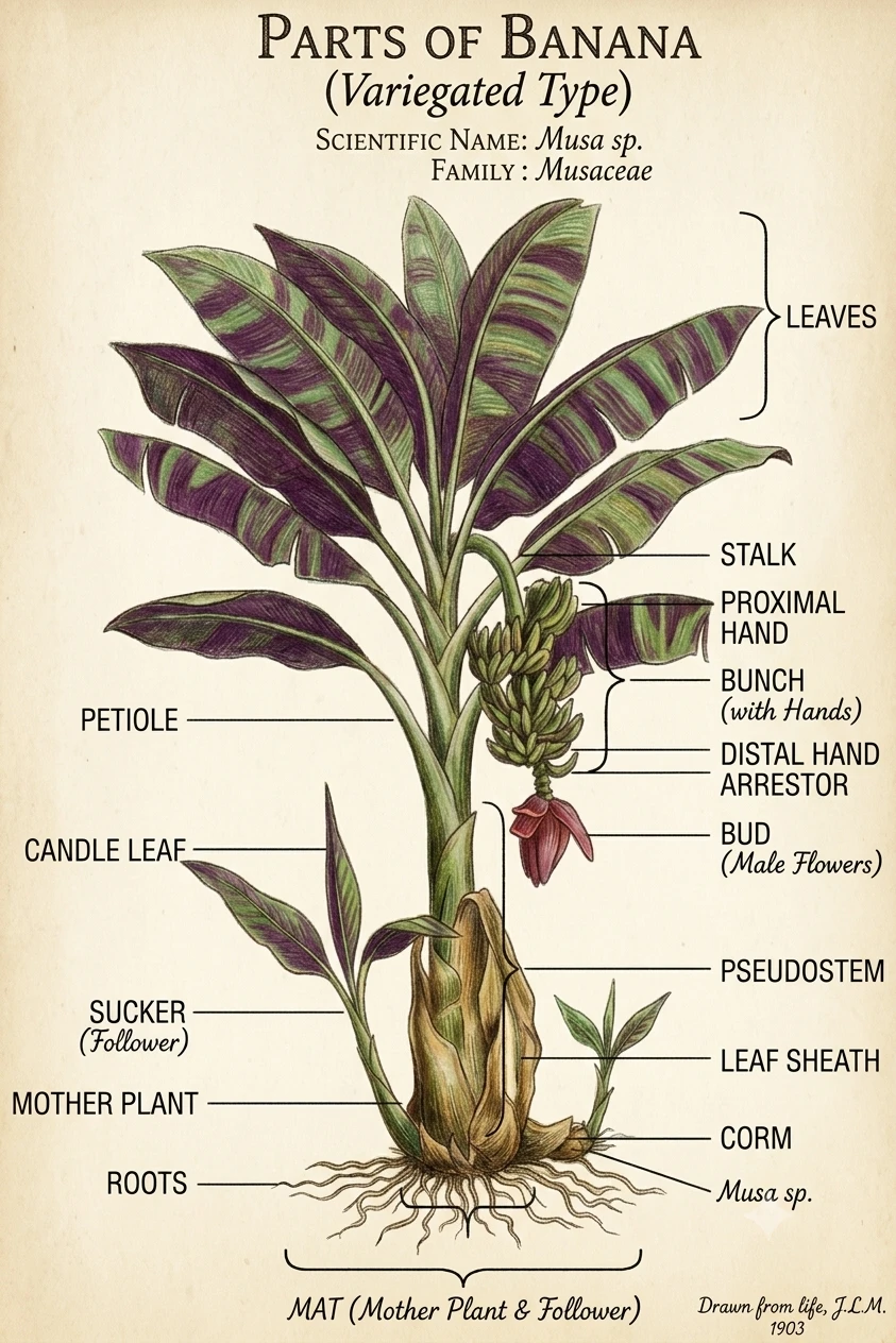 Labeled diagram of banana plant anatomy