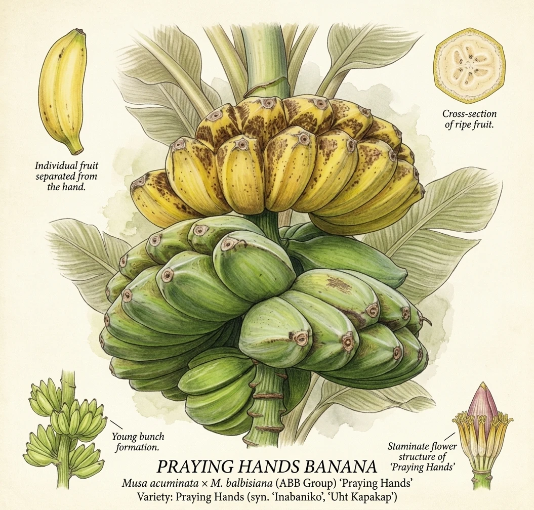 Praying Hands Banana illustrated botanical plate showing the fused double bunch, individual fruit, fruit cross-section, young bunch formation, and staminate flower structure