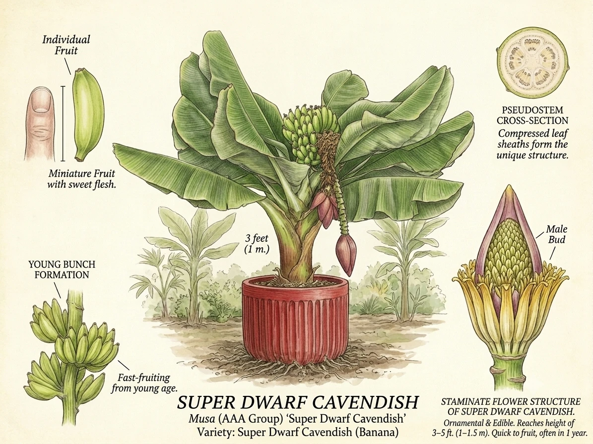 Super Dwarf Cavendish illustrated botanical plate showing the potted plant, individual fruit, young bunch formation, pseudostem cross-section, and male bud
