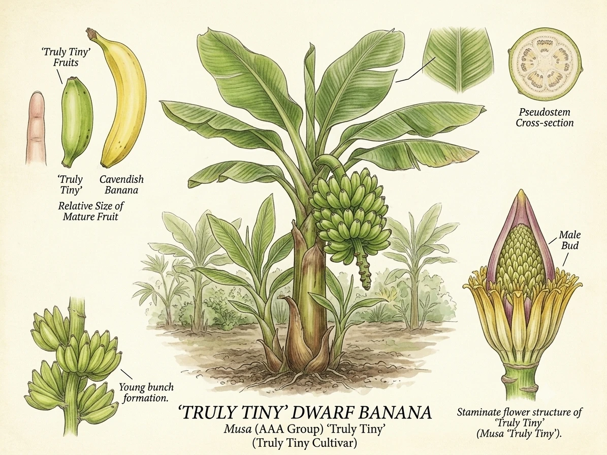 'Truly Tiny' Dwarf Banana illustrated botanical plate showing the full plant, fruit size comparison to a Cavendish banana, young bunch formation, pseudostem cross-section, and male bud